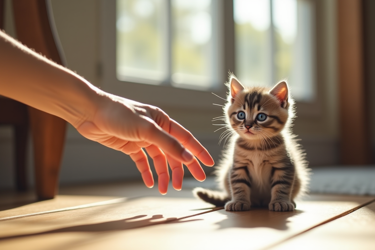 Main douce tendant vers un chaton gris aux yeux bleus