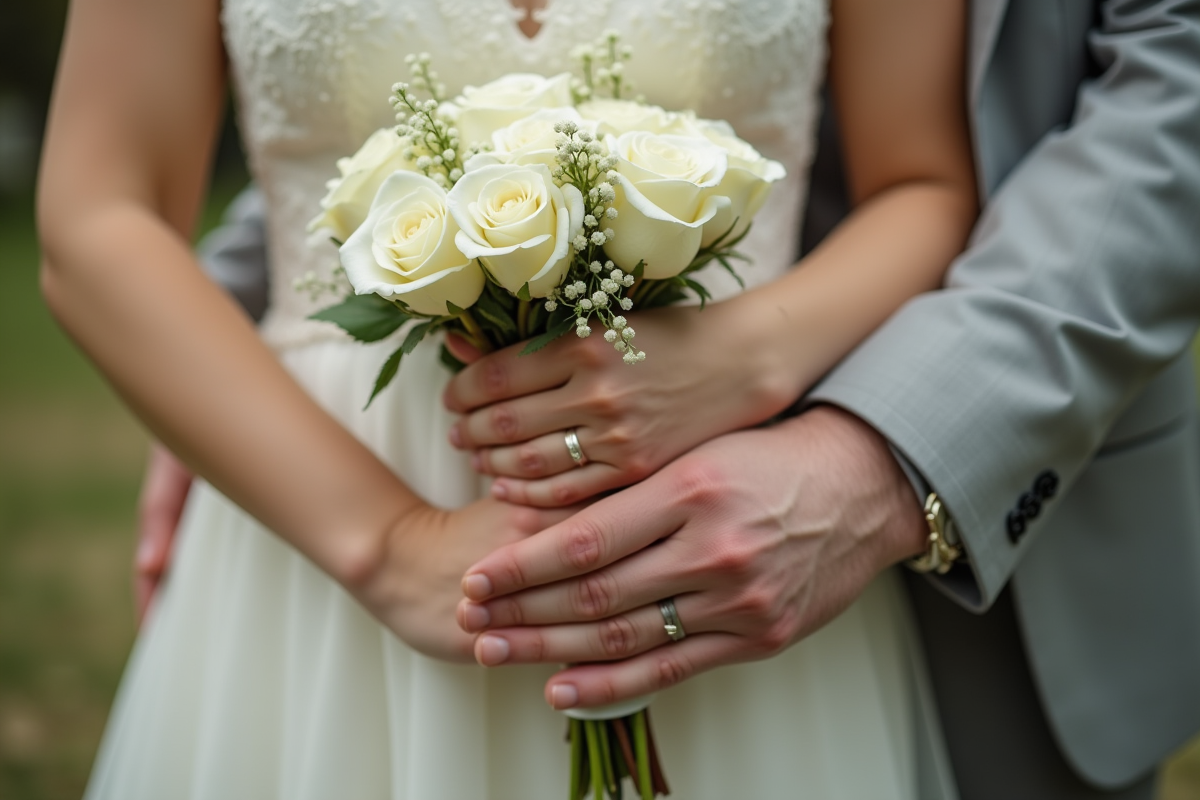 Mains entrelacees avec alliance et bouquet de roses