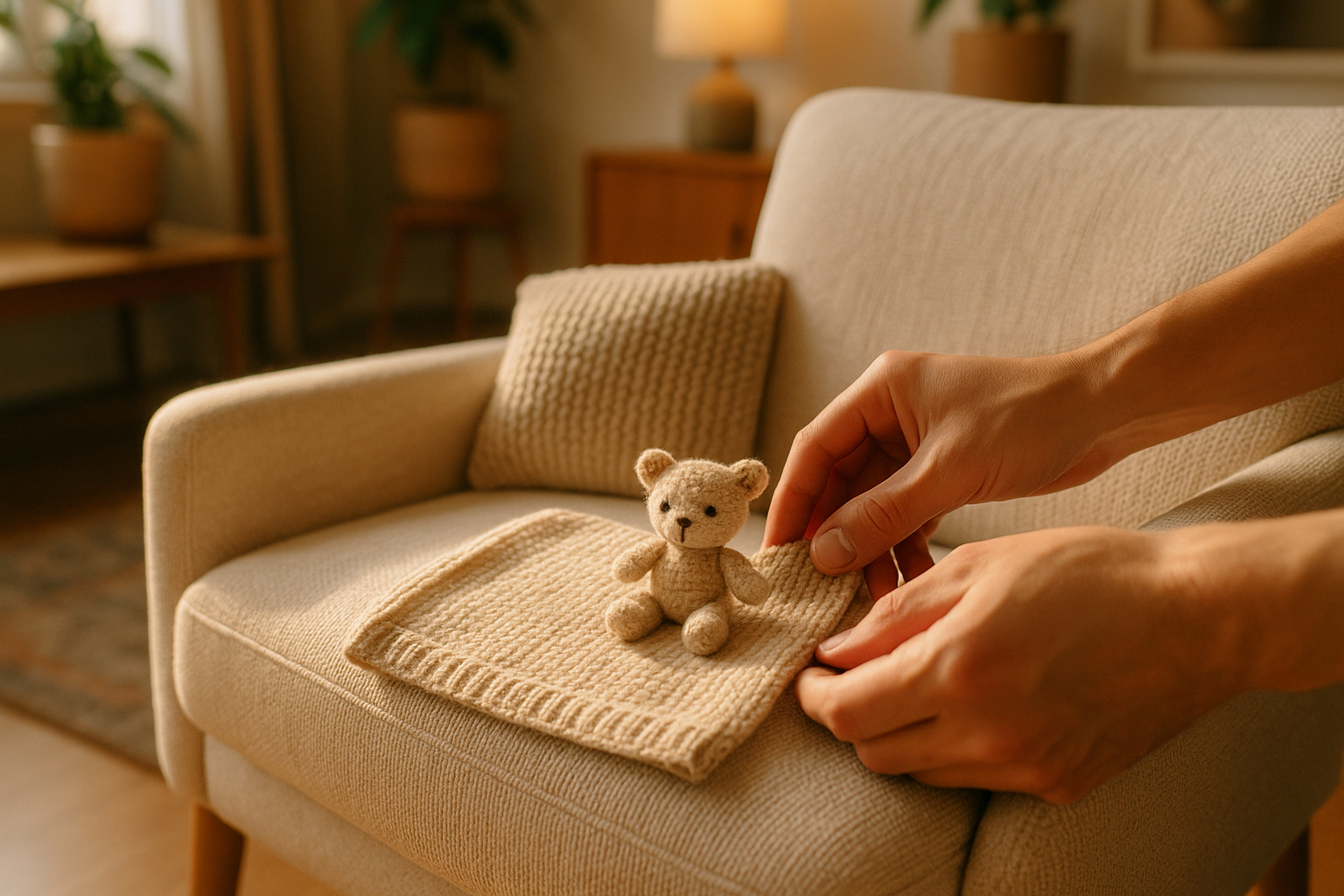 Mains disposant un doudou et une couverture dans un salon chaleureux