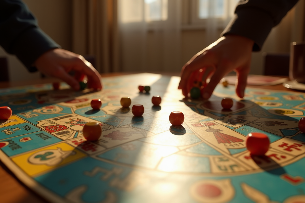 Mains lançant des dés sur un jeu de la oie vintage en lumière naturelle