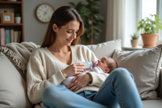 Jeune maman allaite son bébé sur un sofa moderne