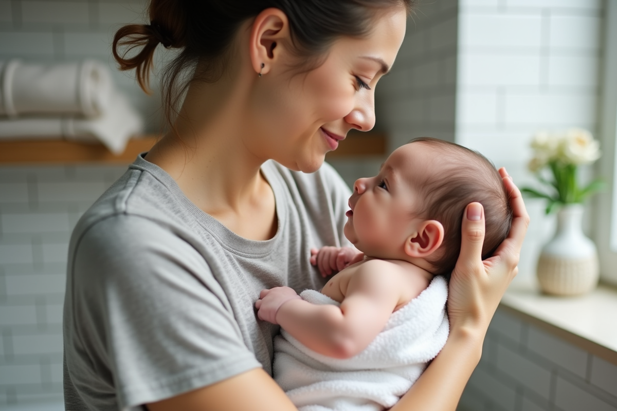 Jeune maman soutenant son bébé lors d'un bain à la maison