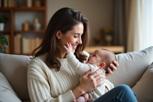 Maman souriante avec son bébé dans un salon chaleureux