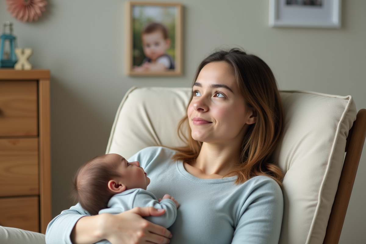 Maman tenant son bébé dans une nurserie chaleureuse