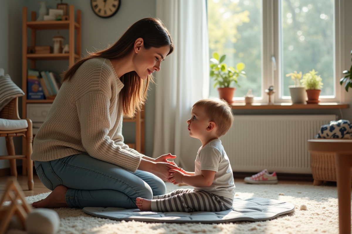 Maman réconfortant son enfant sur un tapis de jeu