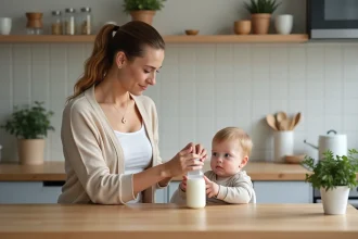 Maman préparant un biberon dans la cuisine avec bébé curieux