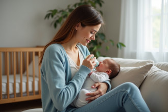 Jeune maman nourrissant son bébé dans un salon cosy