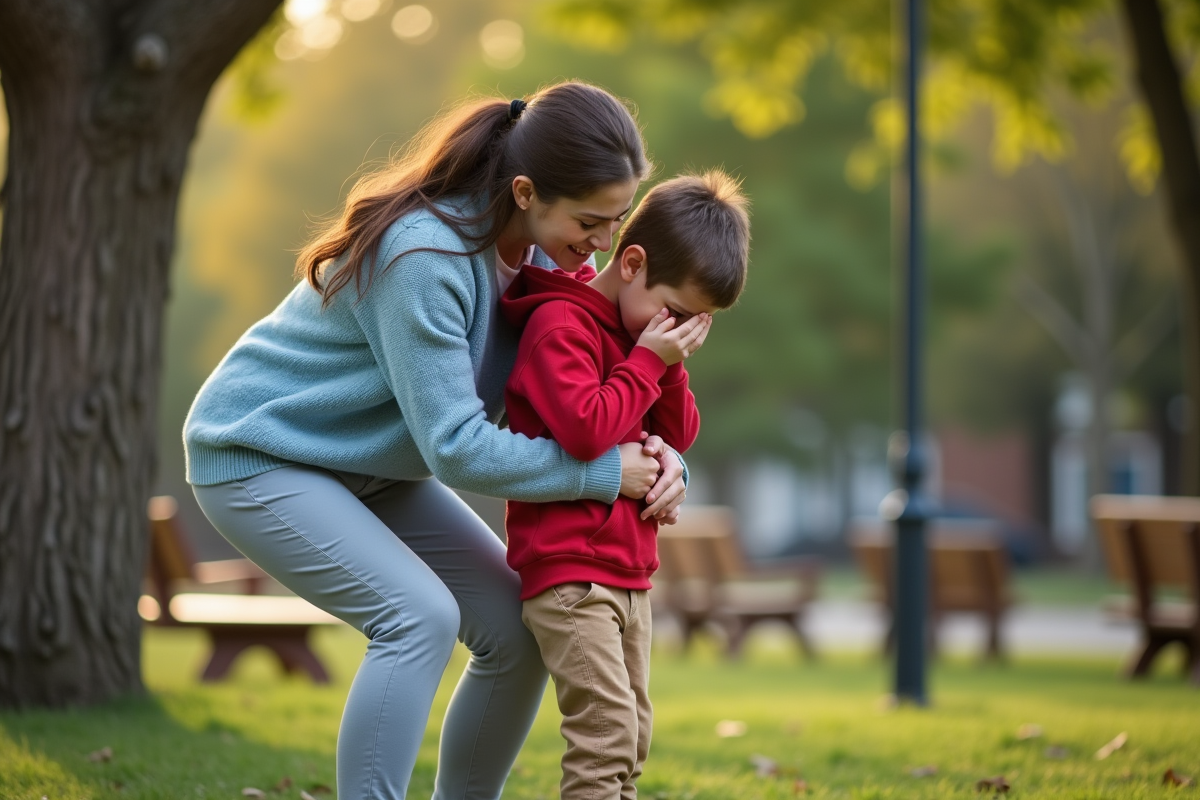 Mère console son fils dans un parc urbain en plein air