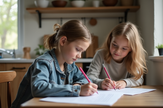 Maman et fille remplissant des formulaires scolaires à la maison
