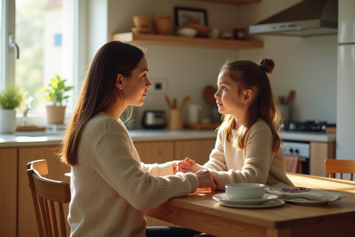 Maman réfléchie avec sa fille dans la cuisine lumineuse