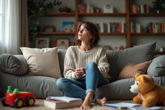 Femme fatiguée dans un salon familial chaotique