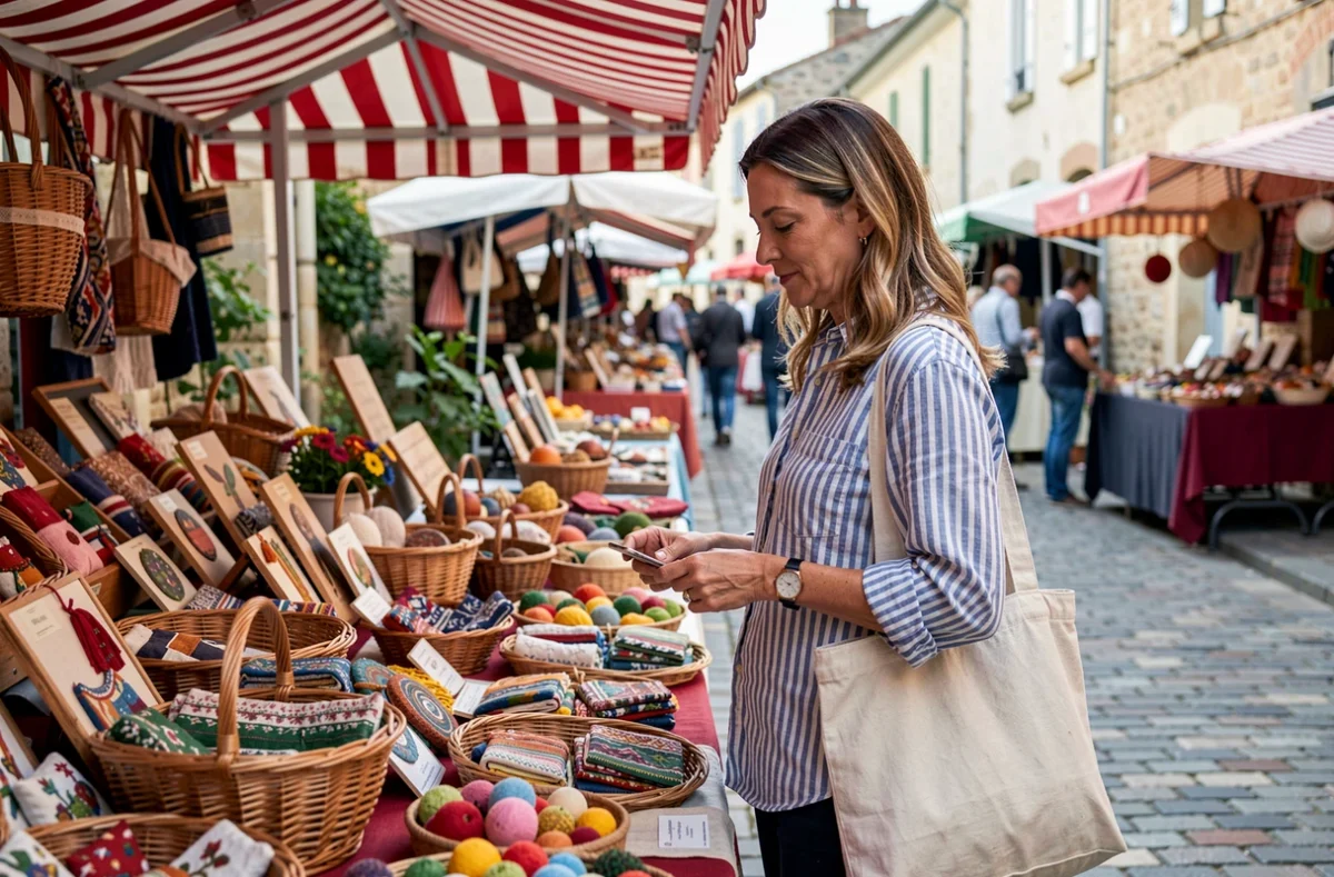Femme visitant un marché artisanal gratuit dans une ville de Seine-et-Marne 77