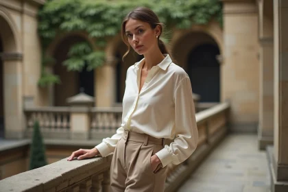 Jeune femme élégante dans une cour parisienne en pierre, évoquant une vie sentimentale discrète et protégée