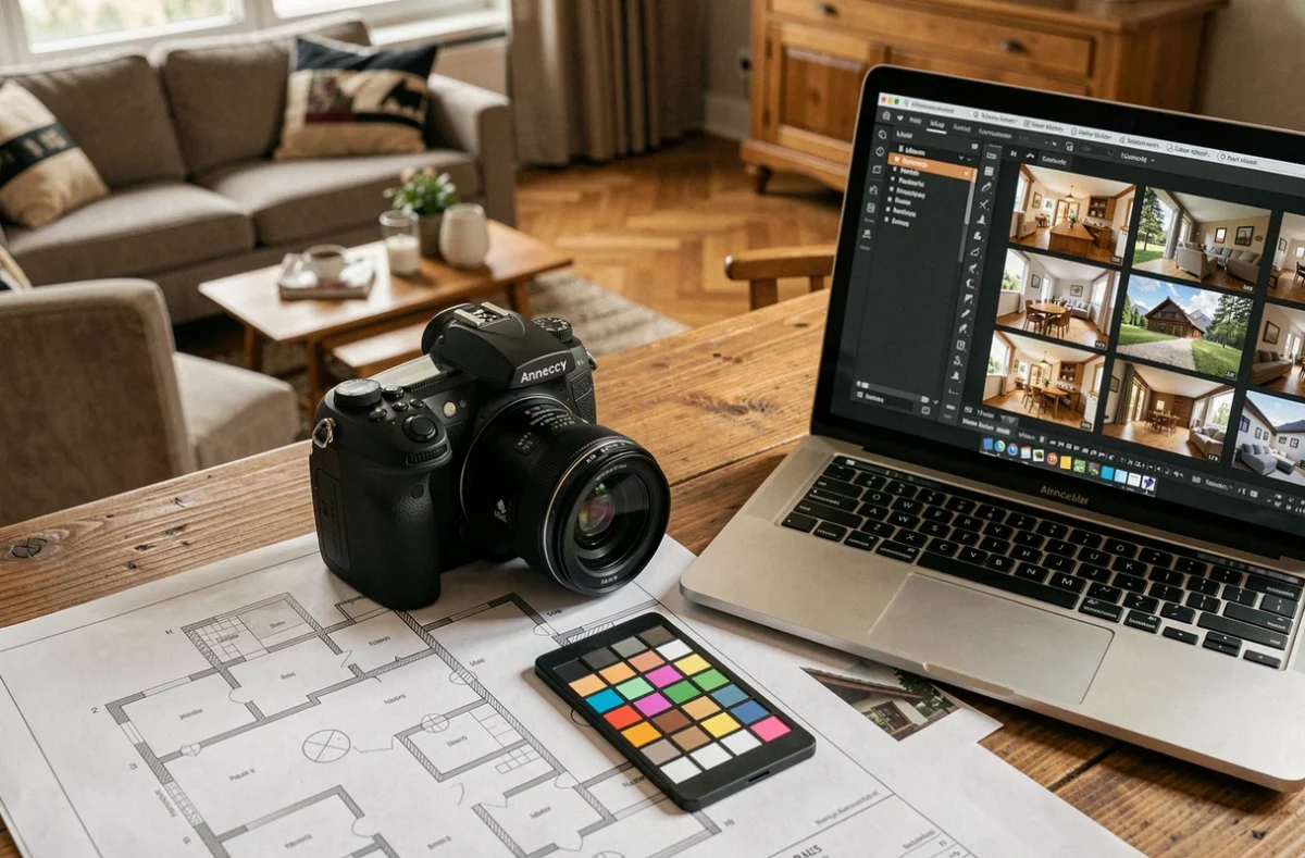 Matériel professionnel d'un photographe immobilier à Annecy avec appareil photo reflex, plans et logiciel de retouche sur ordinateur