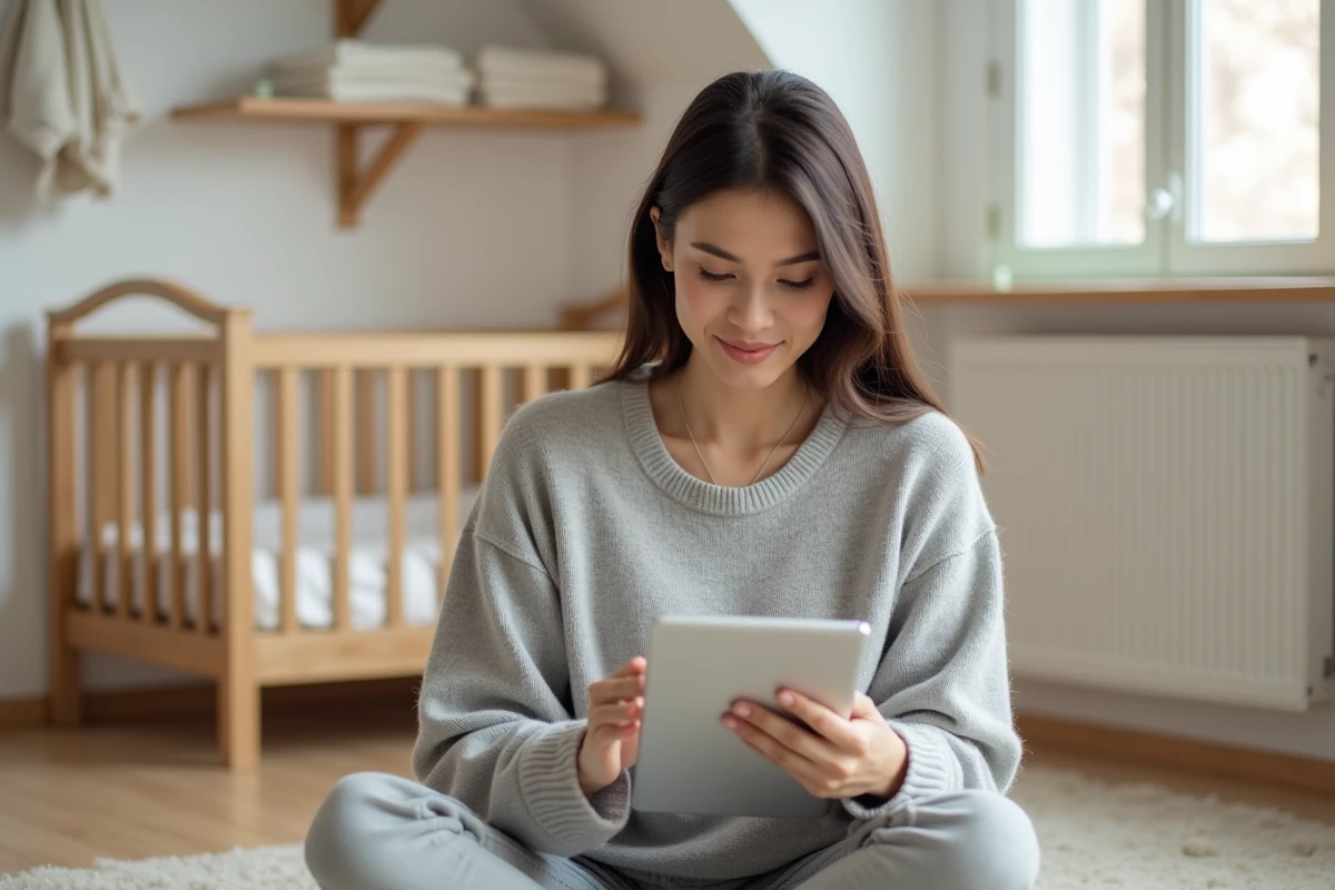 Jeune mère consultant un blog de puériculture sur une tablette dans une chambre de bébé minimaliste et chaleureuse