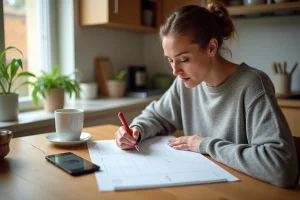 Mère séparée consultant un calendrier papier pour organiser les semaines paires et impaires de garde alternée en 2026