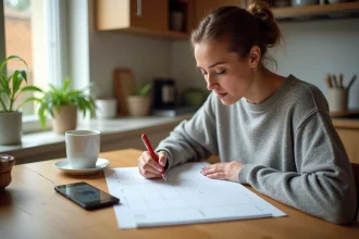 Mère séparée consultant un calendrier papier pour organiser les semaines paires et impaires de garde alternée en 2026