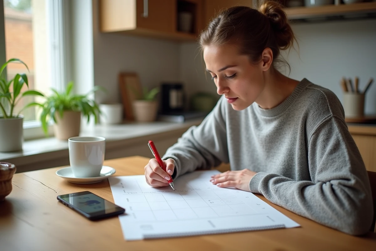 Mère séparée consultant un calendrier papier pour organiser les semaines paires et impaires de garde alternée en 2026