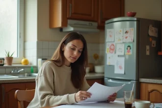 Mère célibataire examinant des documents administratifs dans sa cuisine, illustration du statut de parent isolé