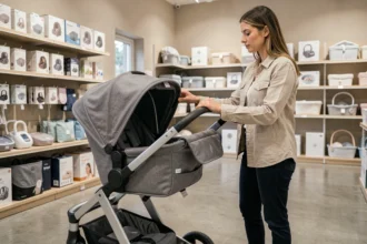 Jeune mère examinant attentivement une poussette trois en un convertible dans un magasin de puériculture