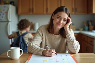 Mère de famille planifiant les vacances scolaires zone B 2026 sur un calendrier papier dans sa cuisine