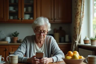 Mère d'une cinquantaine d'années seule à la table de cuisine regardant un message sans réponse sur son téléphone, expression de tristesse retenue