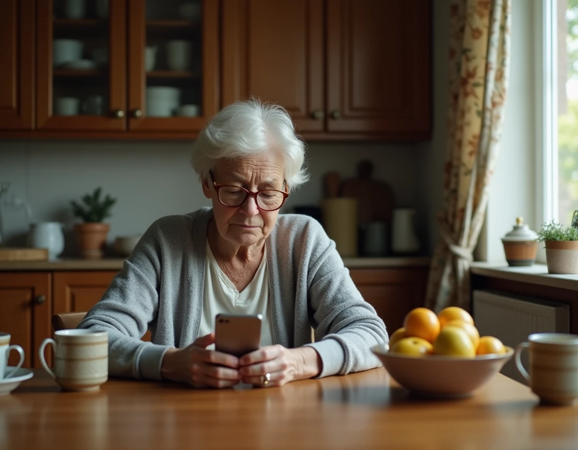 Mère d'une cinquantaine d'années seule à la table de cuisine regardant un message sans réponse sur son téléphone, expression de tristesse retenue