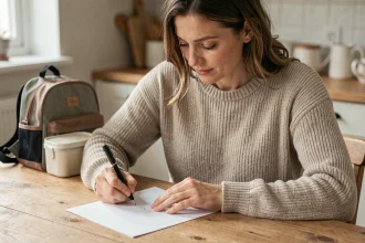 Mère écrivant un mot d'absence pour l'école à la table de sa cuisine