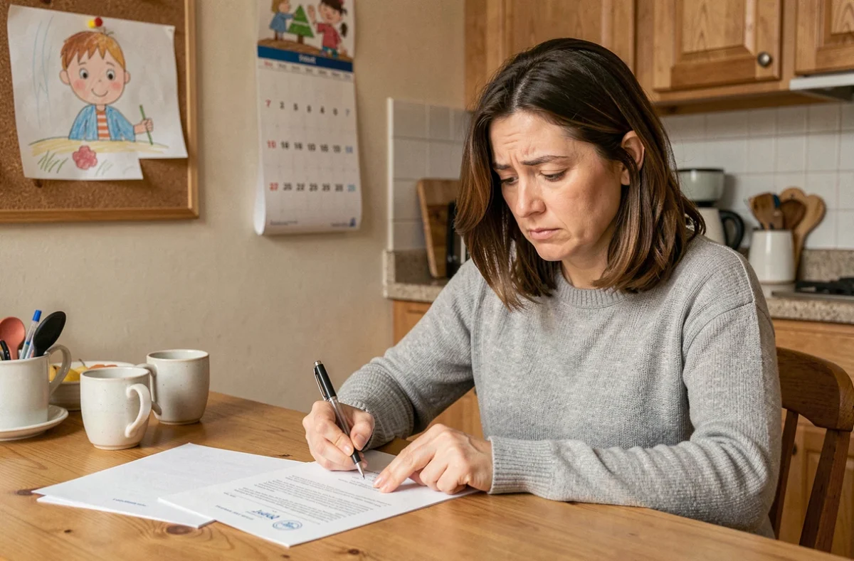 Mère de famille rédigeant une lettre officielle au juge concernant un déménagement avec son enfant, assise dans sa cuisine