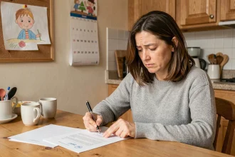 Mère de famille rédigeant une lettre officielle au juge concernant un déménagement avec son enfant, assise dans sa cuisine