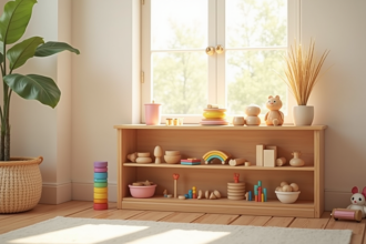 Étagère Montessori en bois lumineuse avec jouets classiques