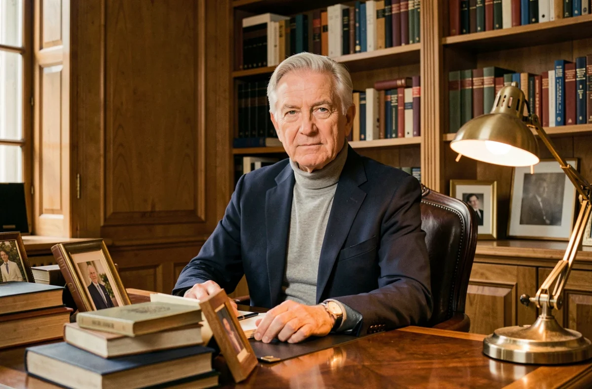 Portrait d'un homme distingué dans un bureau parisien classique entouré de livres, évoquant le parcours d'un éditeur français renommé