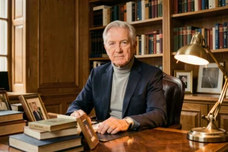 Portrait d'un homme distingué dans un bureau parisien classique entouré de livres, évoquant le parcours d'un éditeur français renommé