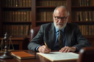 Notaire en costume gris assis à son bureau en chêne révisant des documents de succession, dans un cabinet notarial classique avec bibliothèque juridique
