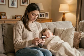 Nounou de nuit veillant sur un enfant endormi dans un salon le week-end