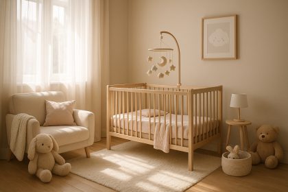 Photo hyperrealiste d'une nurserie bébé apaisante aux couleurs pastel
