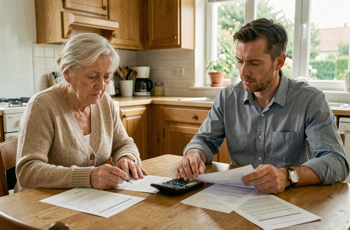 Une femme âgée et son fils adulte examinent des documents financiers liés à l'obligation alimentaire autour d'une table de cuisine familiale