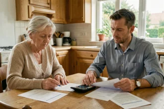 Une femme âgée et son fils adulte examinent des documents financiers liés à l'obligation alimentaire autour d'une table de cuisine familiale