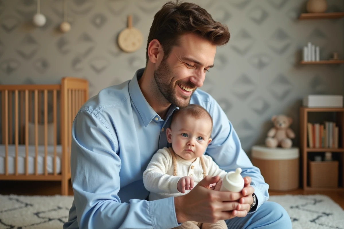 Papa souriant tenant sa fille dans une nurserie chaleureuse