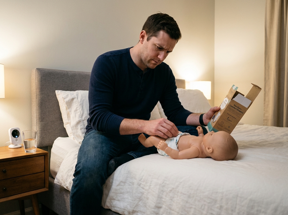 Papa vérifiant le choix d'une couche nuit pour son bébé dans une chambre à coucher