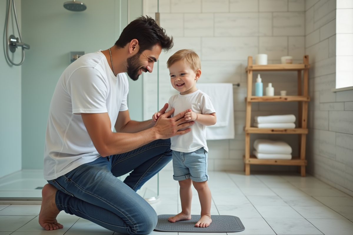 Pere aidant un jeune garçon dans la salle de bain moderne