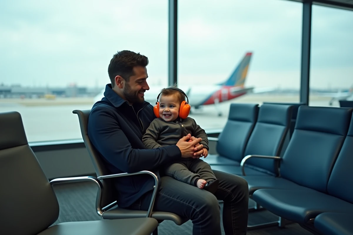 Papa tenant son enfant dans un salon d'aéroport avec casque anti-bruit prêt pour l'embarquement