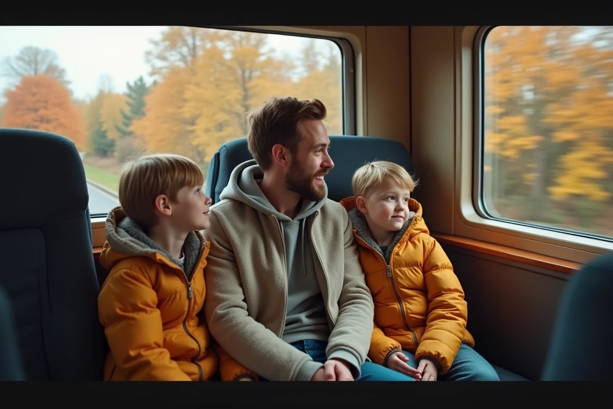 Pere et enfants regardant par la fenetre dans un train automne