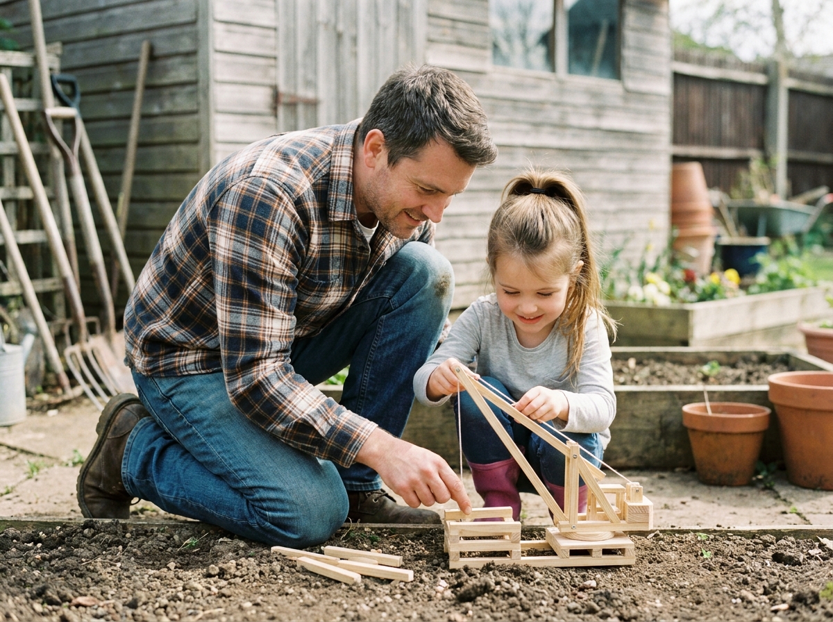 Père et fille construisent un petit crane en bois dans le jardin