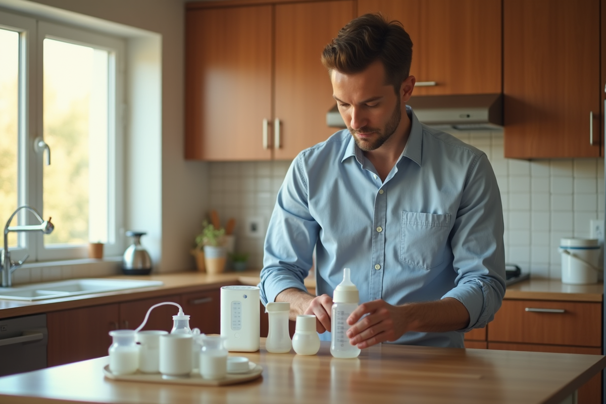 Pere prépare un biberon dans la cuisine lumineuse