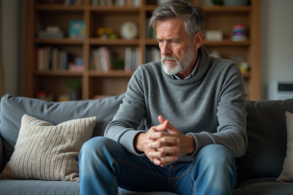 Père assis sur un canapé en famille en réflexion