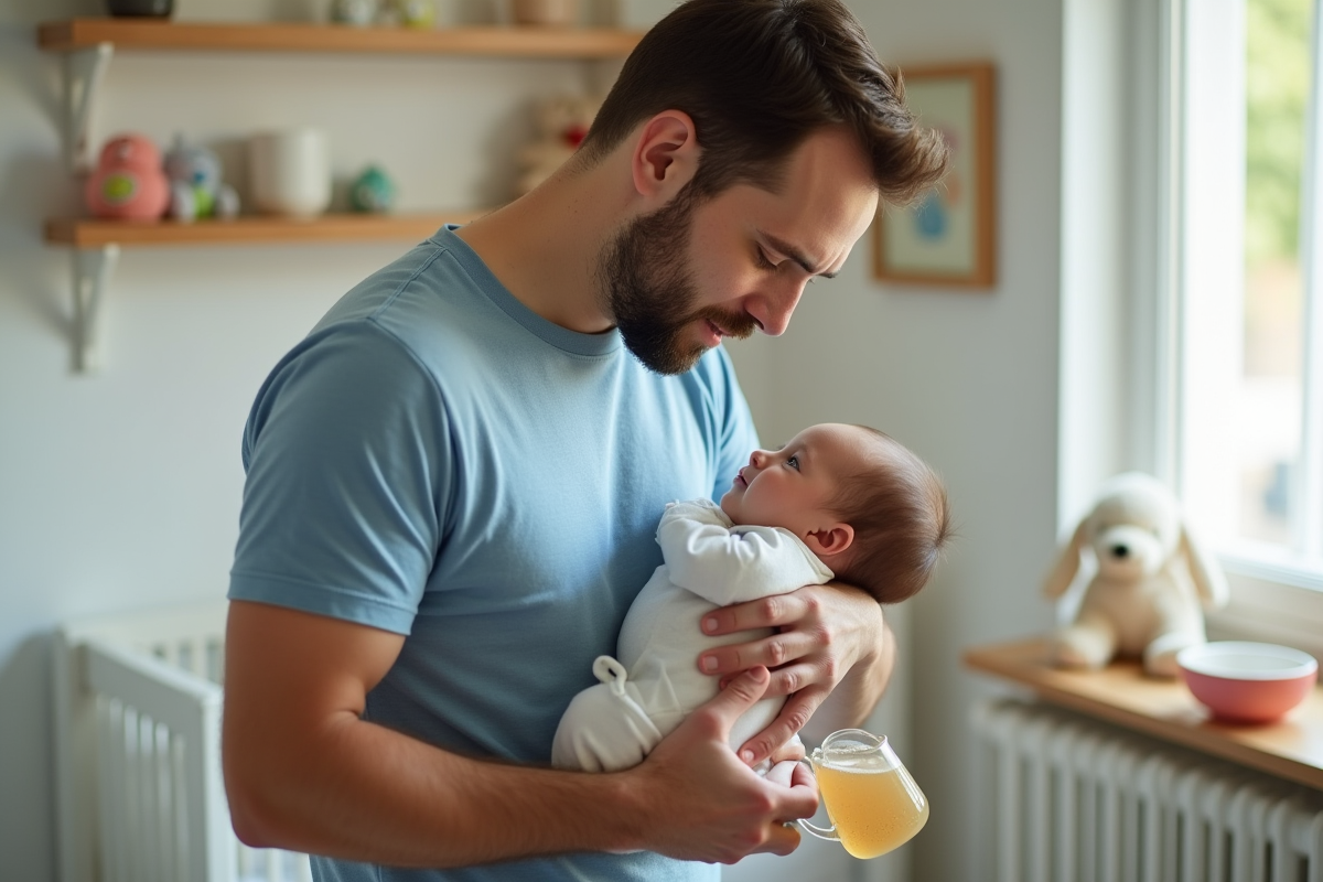Père donnant un bain à son bébé dans la nurserie lumineuse