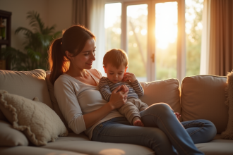 Parent réconfortant un enfant dans un salon chaleureux