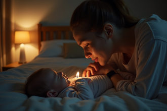 Parent apaisant son bébé dans une nurserie douce et moderne