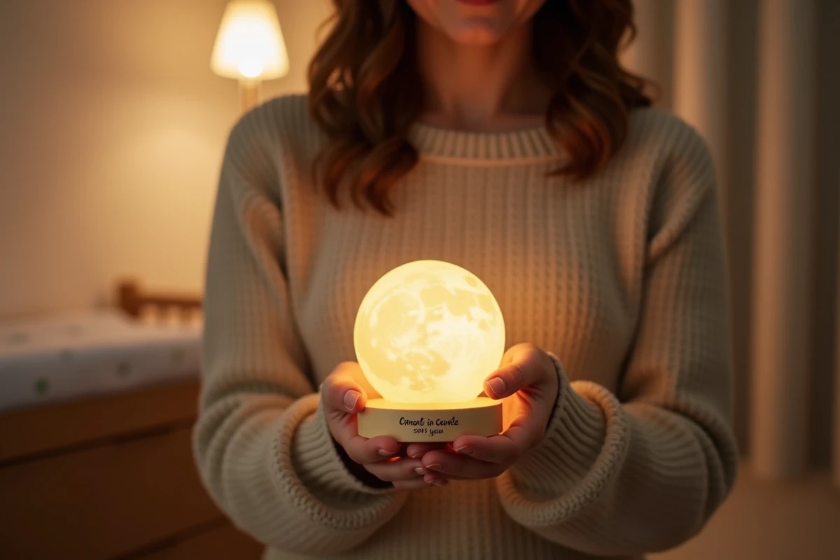 Mains d'un parent tenant une veilleuse personnalisée en forme de lune avec message gravé dans une chambre de bébé